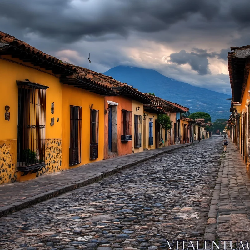 Colorful Street Against a Majestic Mountain AI Image