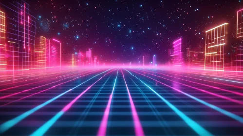 Glowing Grid and Neon Outlined Buildings in Futuristic Cityscape