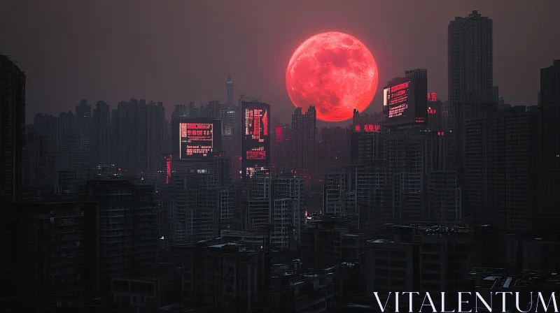 AI ART City Skyline with Conspicuous Red Moon