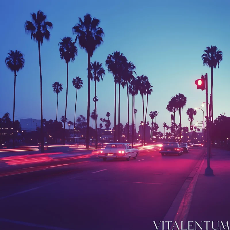 Urban Night Scene with Palm Trees and Light Streaks AI Image