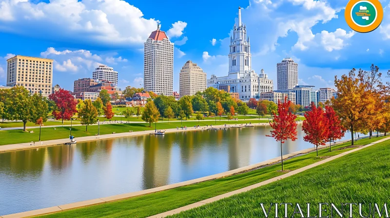 Serene Cityscape with Park and River Reflection AI Image