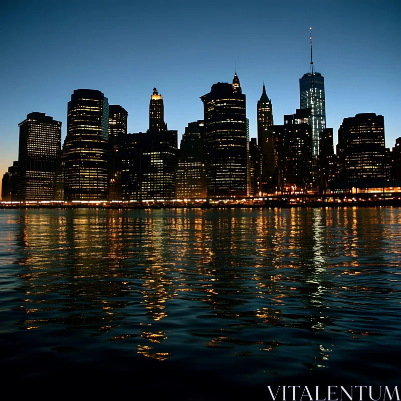 Night Cityscape with Skyscraper Reflections on Water AI Image