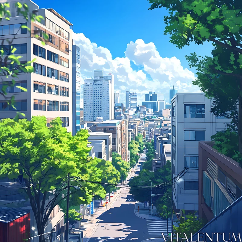 Peaceful City Street with Lush Greenery AI Image