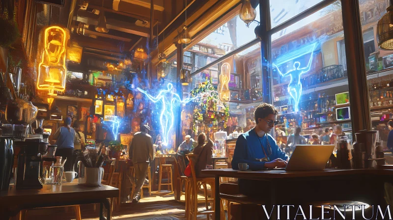 Futuristic Café with Lively Crowd and Digital Artwork AI Image