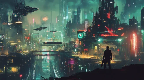 Neon City Skyline with Flying Cars