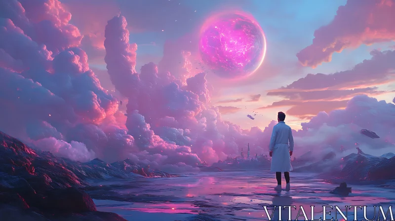 Fantasy Cloudscape with Large Pink Sphere AI Image