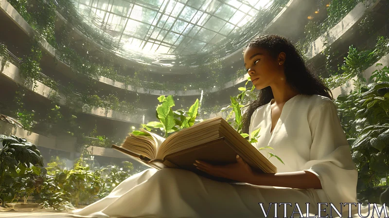 Tranquil Indoor Garden with a Woman and Magical Book AI Image