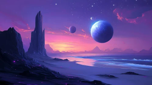 Cosmic Shore with Planets in Purple Sky