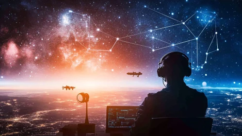 Person with Technology Monitoring Drones in Space