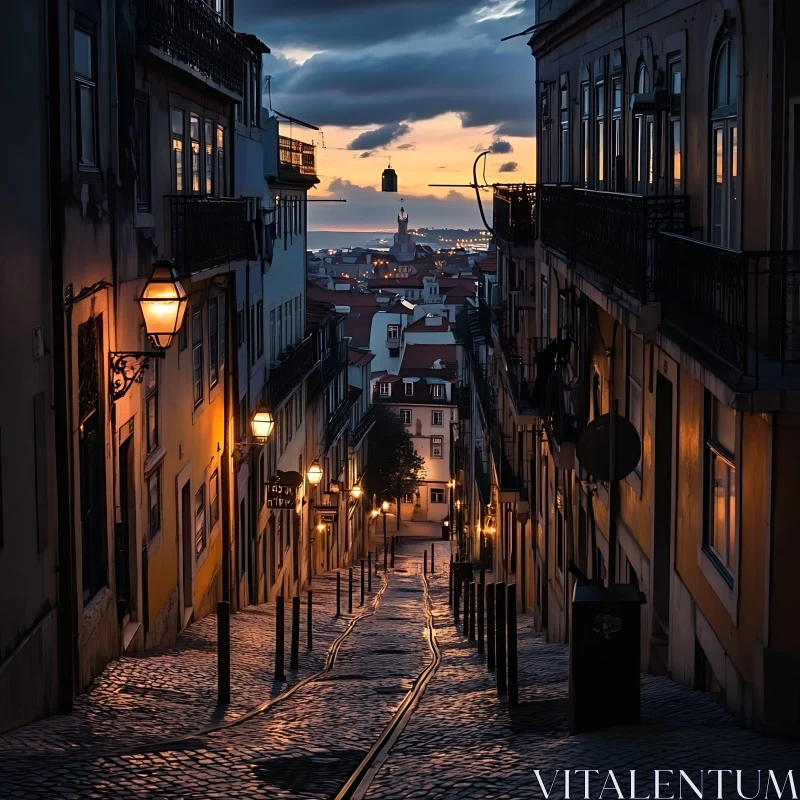 AI ART Dusk Street Scene with Lighthouse