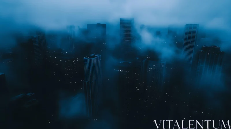 AI ART Urban Nightscape with Fog and Skyscraper Silhouettes