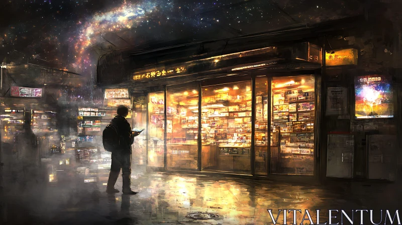 AI ART Cosmic Urban Scene: Illuminated Storefront at Night