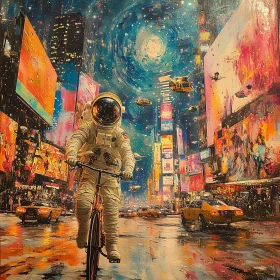 Futuristic Cityscape with Astronaut on Bicycle