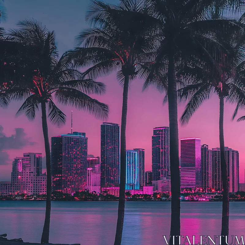 Urban Skyline at Night with Palm Trees and Colorful Lights AI Image