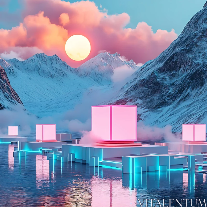 Neon Cubes in a Surreal Mountainous Setting AI Image