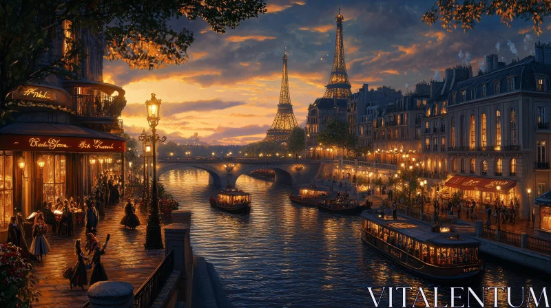 Magical Paris Night with Eiffel Tower and Bustling Cafés AI Image