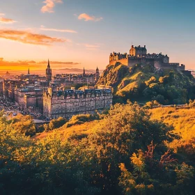 Hilltop Castle Above Cityscape at Sunset