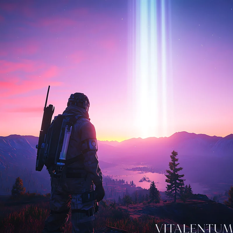 Twilight Soldier Overlooking Mountain Valley AI Image