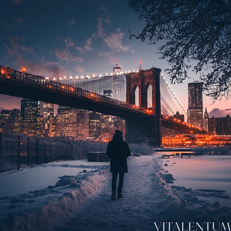 AI ART Cityscape Winter Evening with Illuminated Bridge and Solo Walker