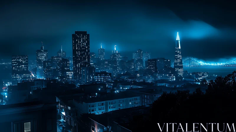 Blue-Glow City Skyline in Night Fog AI Image