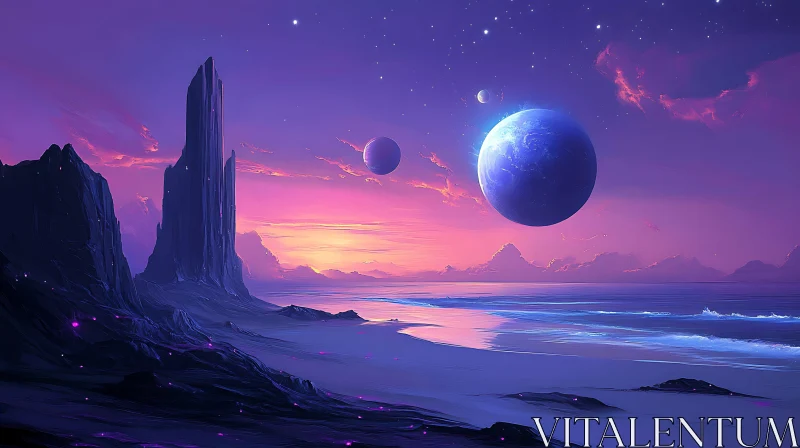 AI ART Cosmic Shore with Planets in Purple Sky