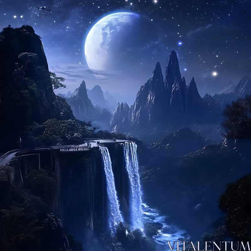 Dreamlike Night Landscape with Waterfall and Moonlight AI Image