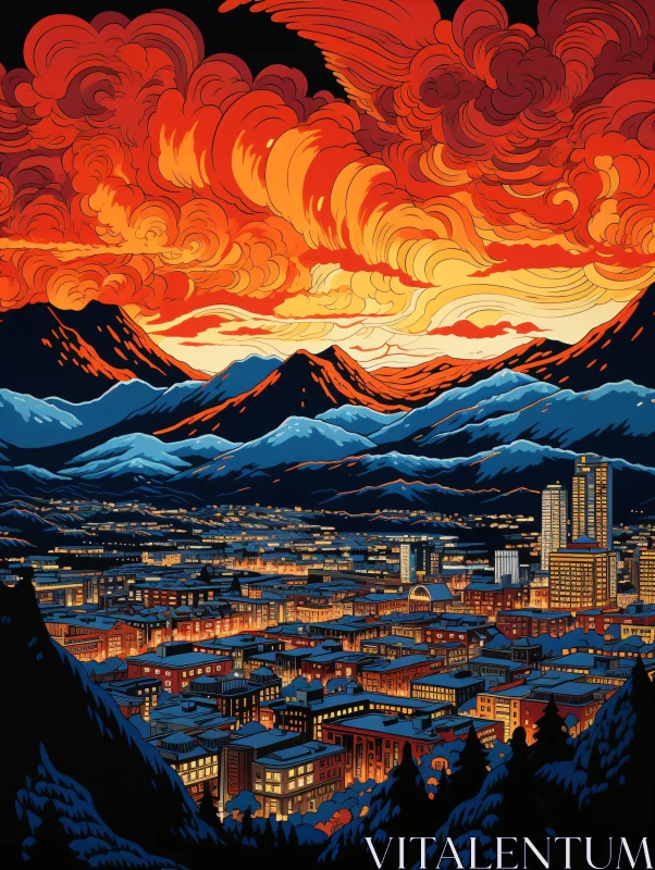 Dramatic Sunset Over Mountainous City AI Image