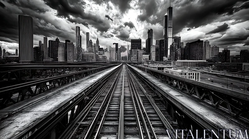 Black and White Cityscape with Railway and Cloudy Sky AI Image