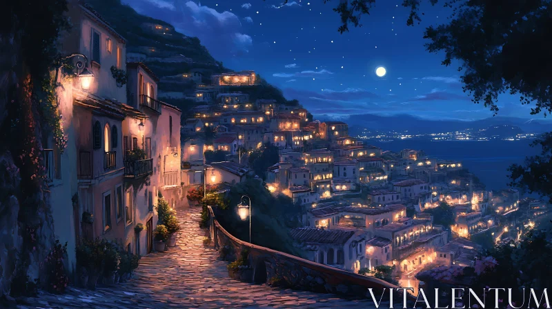 AI ART Moonlit Coastal Village Nightscape