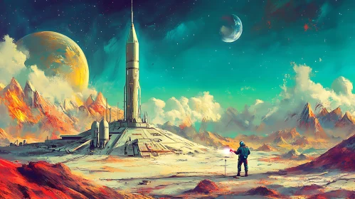 Astronaut and Rocket on Alien Planet