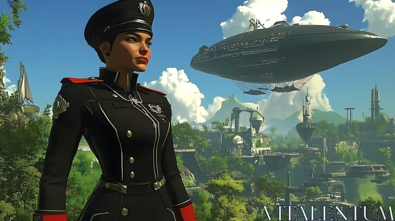 Sci-Fi Officer and Hovercraft in a Lush Green City AI Image