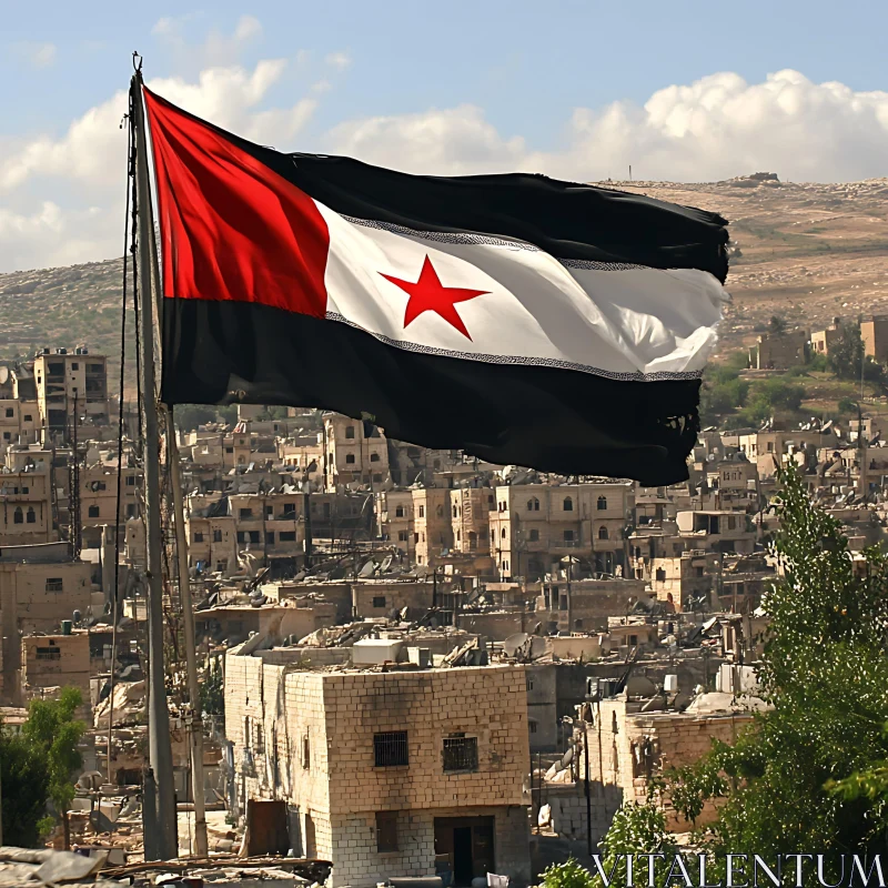 Flag Overlooking Decaying Cityscape AI Image