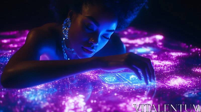 Neon-Lit Woman with Digital Cards AI Image