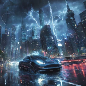 Futuristic Cityscape with Lightning and Modern Car