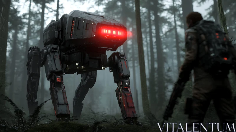 Futuristic Robot Encounter in Misty Forest AI Image