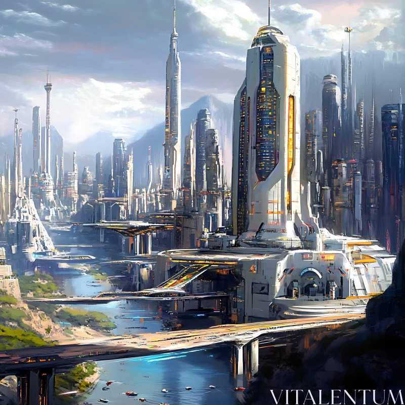 Advanced Futuristic City with Skyscrapers and River AI Image