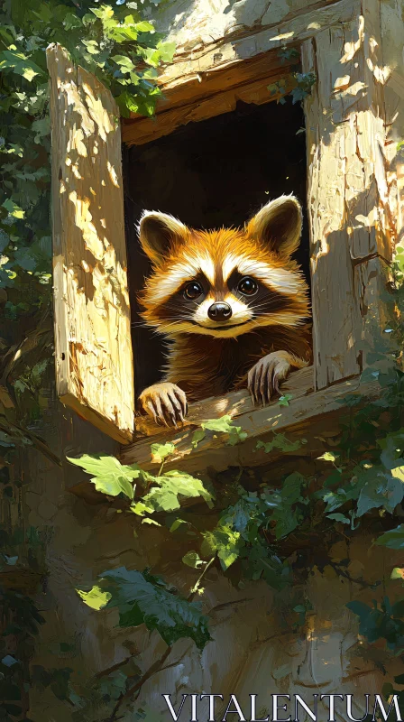 Curious Raccoon in Rustic Setting AI Image