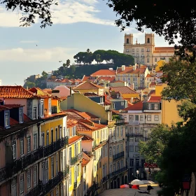 Vibrant City View with Hilltop Landmark