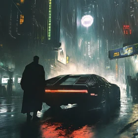 Cyberpunk Rainy Night with Futuristic Vehicle