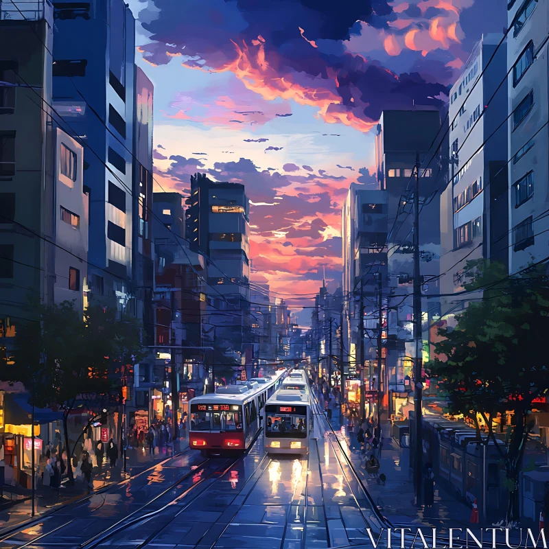 Evening City Street with Trams and Sunset AI Image