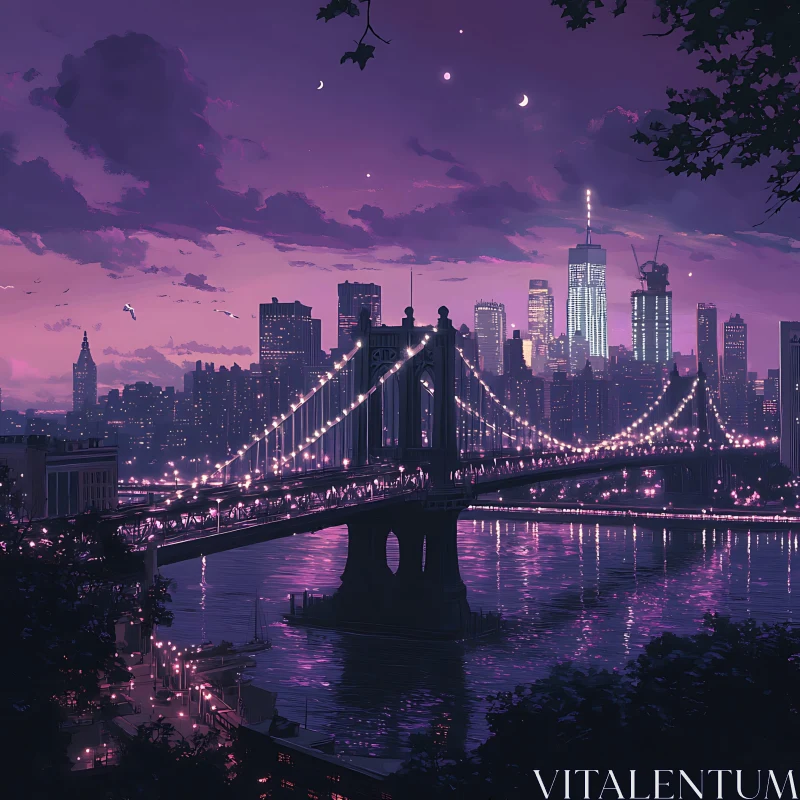 AI ART Purple Twilight Urban Landscape with Lit Bridge