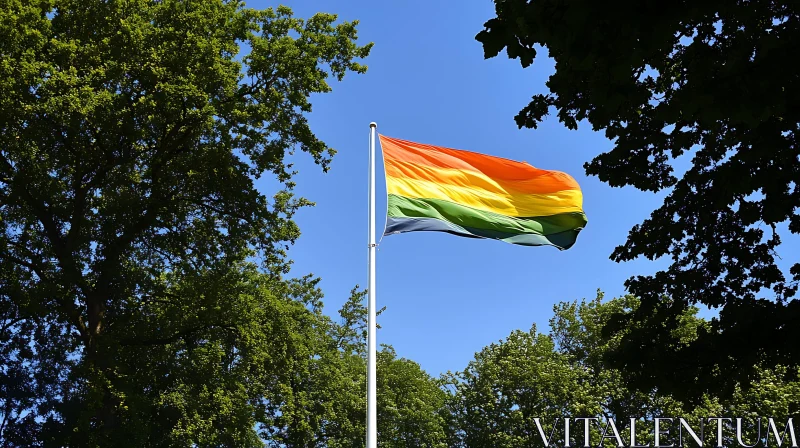 Vibrant Flag Among Trees and Blue Sky AI Image