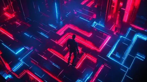 Futuristic Neon Labyrinth with Human Silhouette