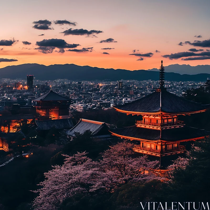 Japanese Pagoda with Cherry Blossoms at Sunset AI Image