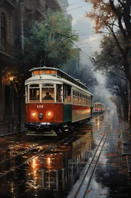 Vintage Tram in a Foggy Cityscape