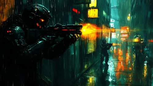 Armored Soldiers in Futuristic Neon Alley