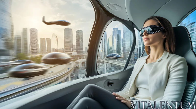 Woman Observing Modern Cityscape with Flying Cars AI Image