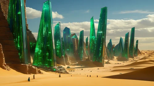 Enormous Green Crystals in a Desert Landscape