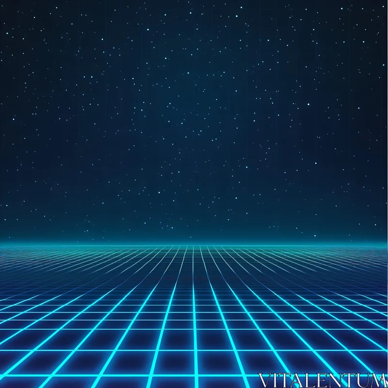 Neon Blue Grid with Stars - Futuristic Digital Scene AI Image