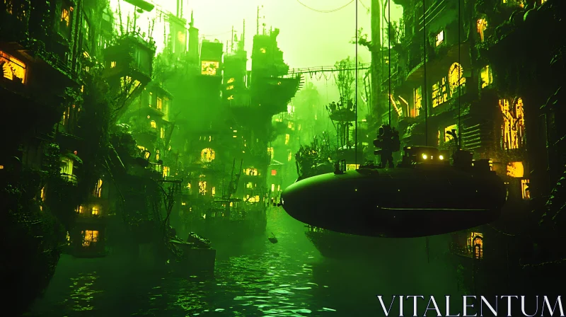 Mysterious Greenish Glow in Futuristic Cityscape AI Image